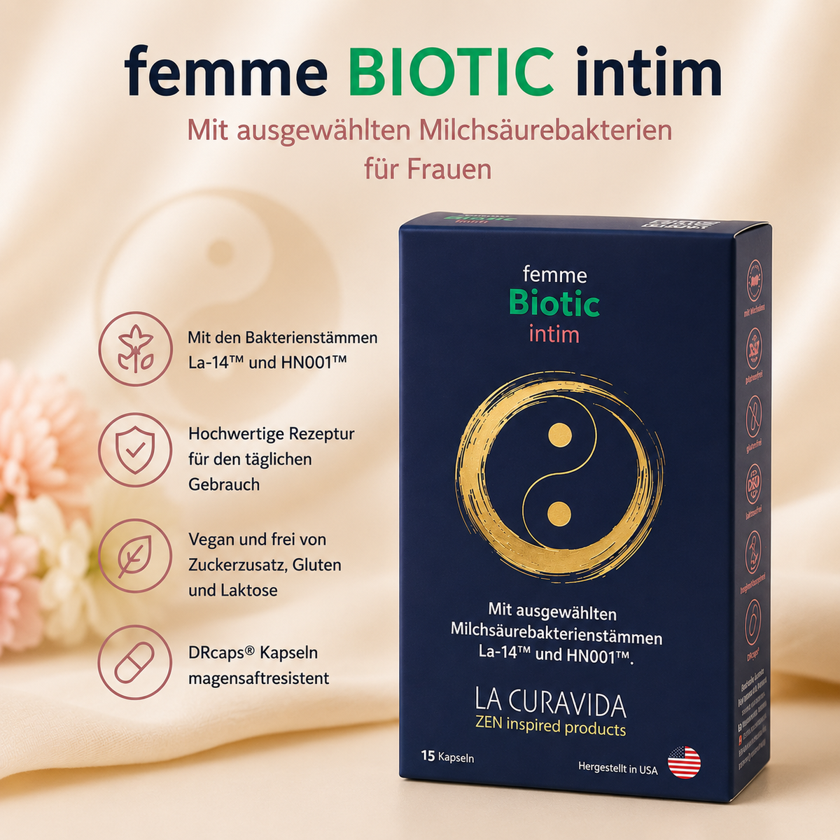 Femme Biotic Intim – Nahrungsergänzung mit ausgewählten Milchsäurebakterien für Frauen – Vegan – 15 Kapseln