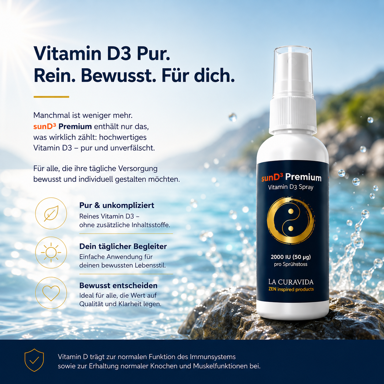 sunD³ Premium – Reines Vitamin D3 Spray | 2000 IU pro Sprühstoß | 50 ml