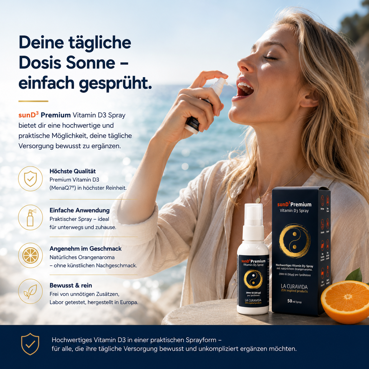 sunD³ Premium – Reines Vitamin D3 Spray | 2000 IU pro Sprühstoß | 50 ml