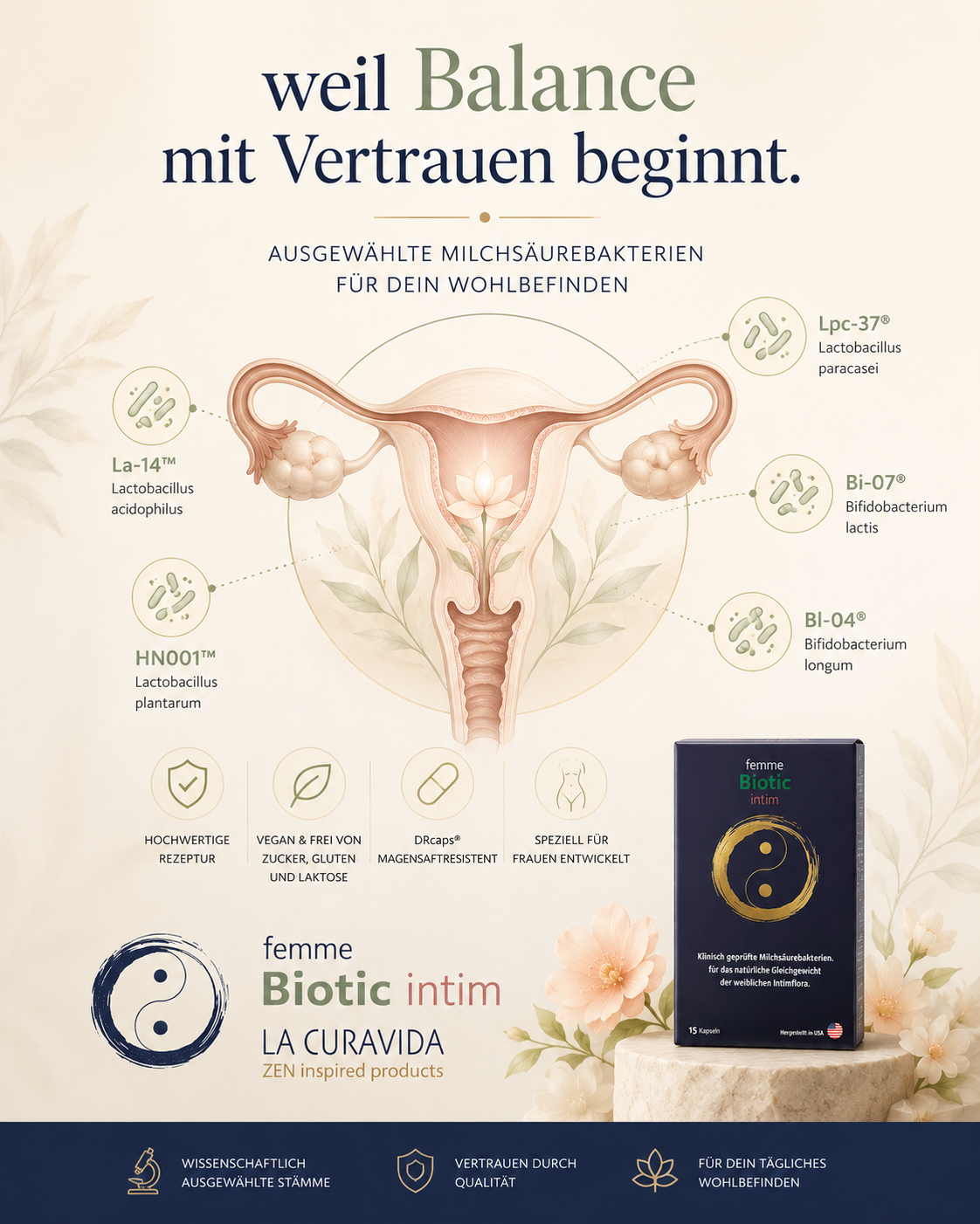 Femme Biotic Intim – Nahrungsergänzung mit ausgewählten Milchsäurebakterien für Frauen – Vegan – 15 Kapseln