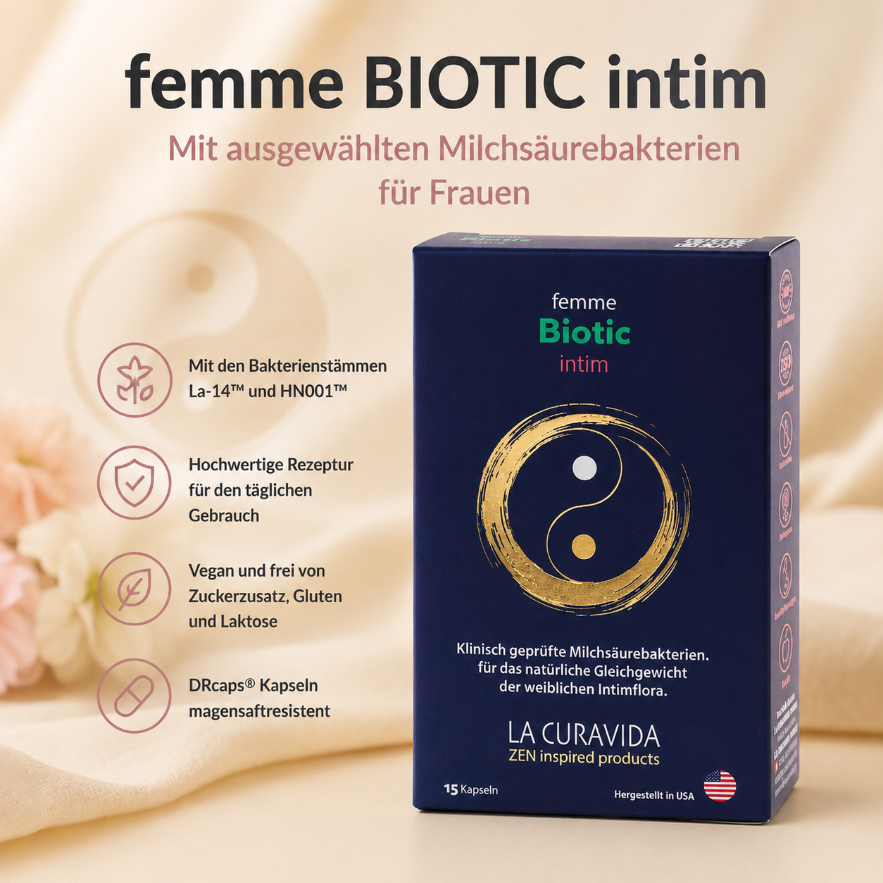 Femme Biotic Intim – Nahrungsergänzung mit ausgewählten Milchsäurebakterien für Frauen – Vegan – 15 Kapseln