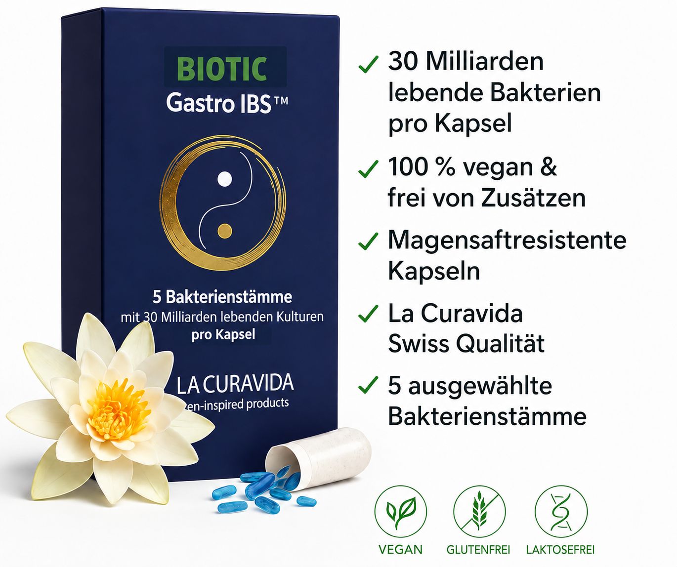 Biotic Gastro IBS™ – 30 Milliarden lebende Bakterienkulturen pro Kapsel | La Curavida Swiss