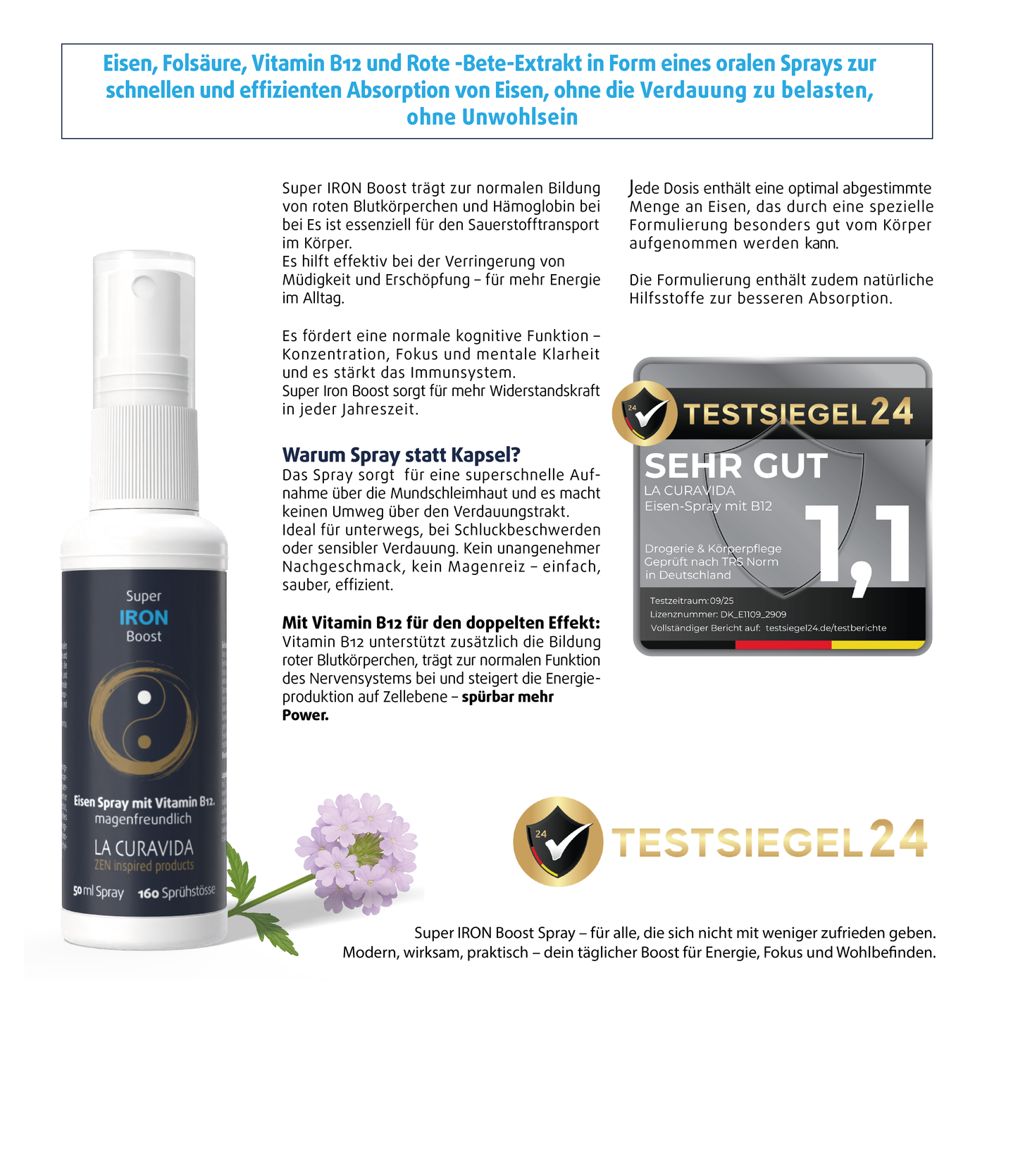 Super IRON Boost – Eisen + Vitamin B12 Mundspray | La Curavida Swiss