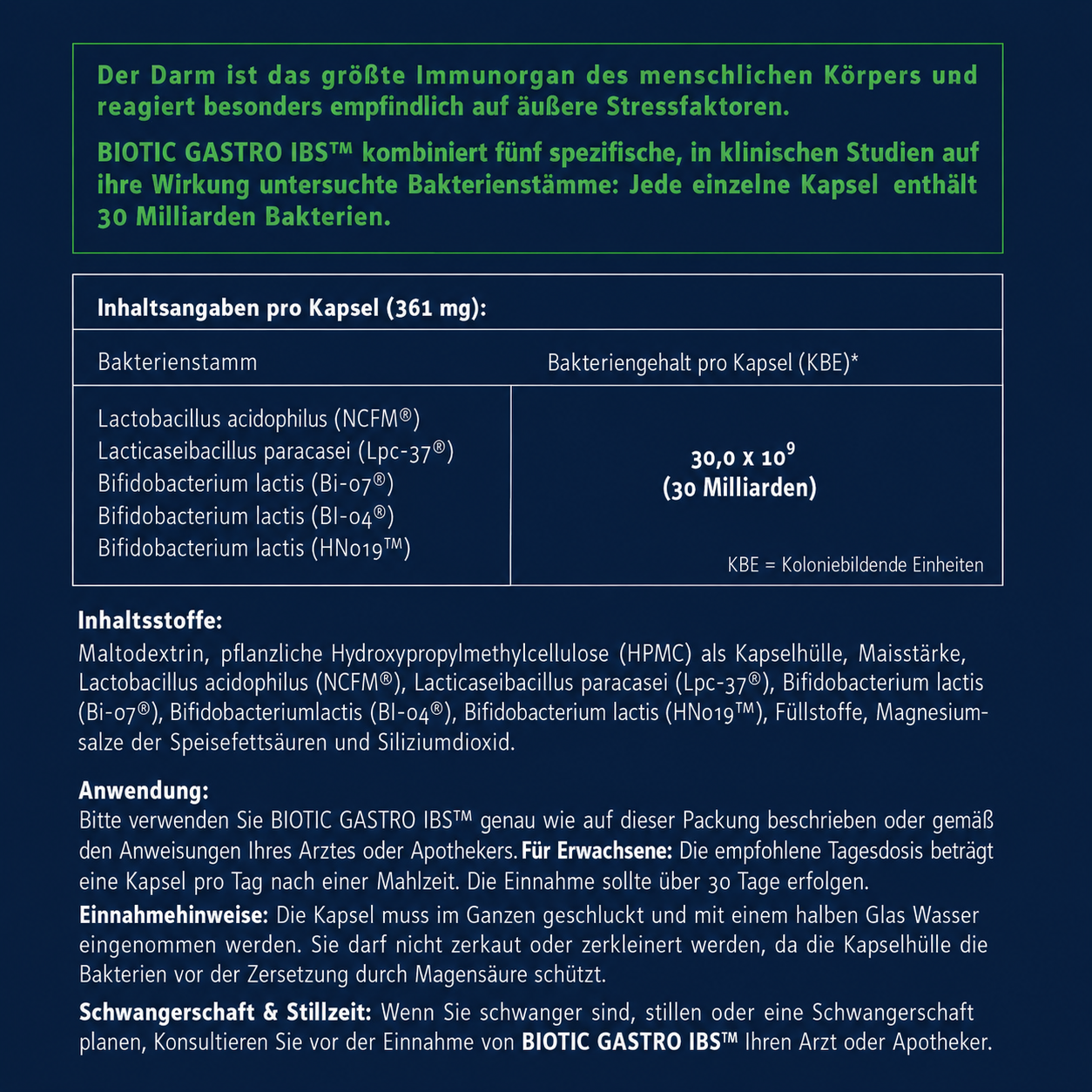 Biotic Gastro IBS™ – 30 Milliarden lebende Bakterienkulturen pro Kapsel | La Curavida Swiss